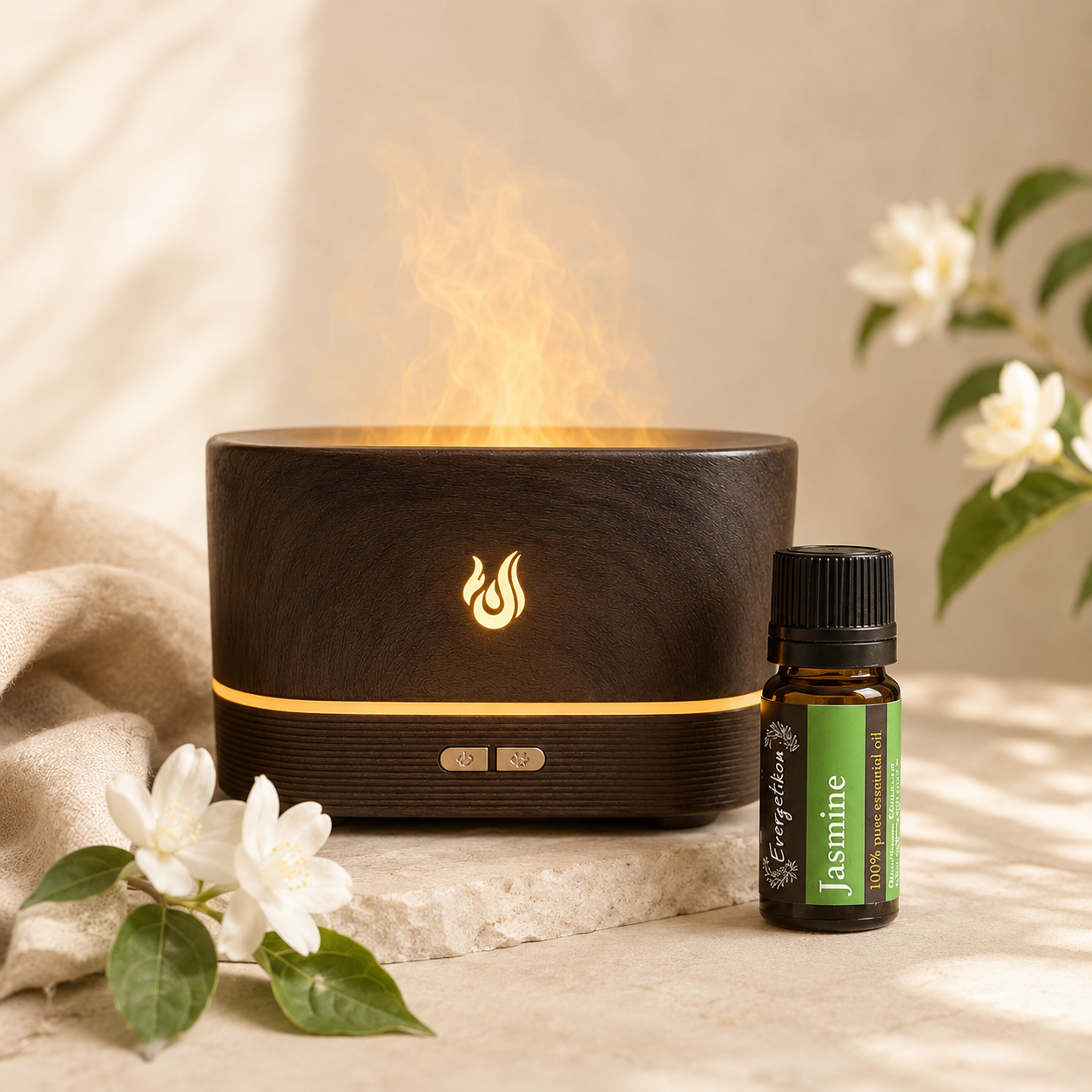 Diffuseur d'arômes effet flamme + huile essentielle de jasmin